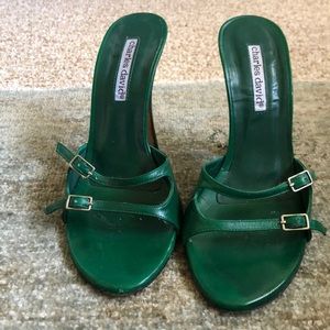 Green leather Charles David sandals. 4” heel sz 6